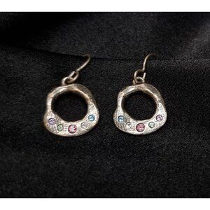 Patricia Locke Hammered Circle Earrings With Colorful Crystals Silver-Tone Dangl